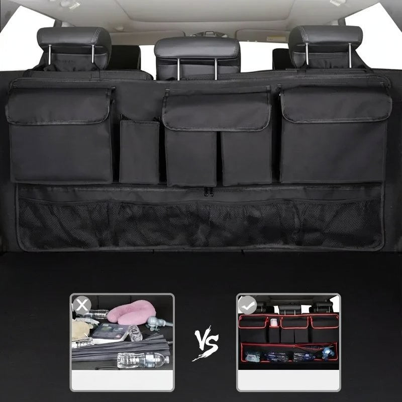 Vue intérieure d'un coffre de voiture noir à 9 poches imperméable avec divers compartiments de rangement