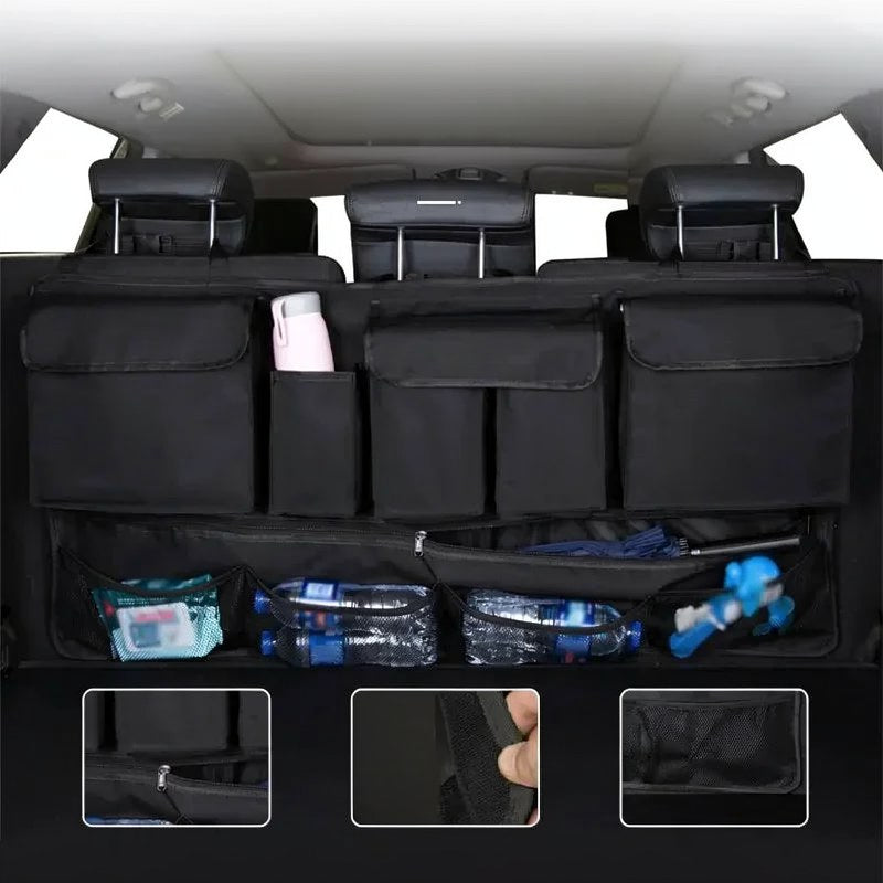 Organisateur de coffre de voiture noir imperméable avec plusieurs compartiments et poches de rangement.