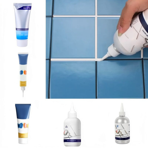 A hand applies waterproof tile grout repair sealant to a blue tiled surface using a handheld tool.