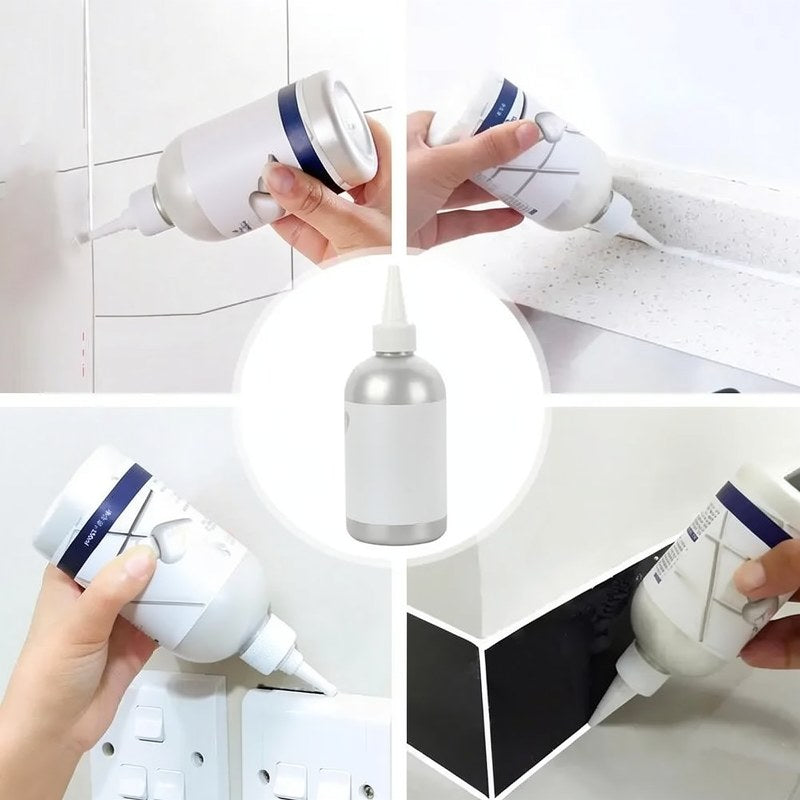 Mains appliquant un scellant de réparation de joint pour carrelage imperméable sur une surface de salle de bain.