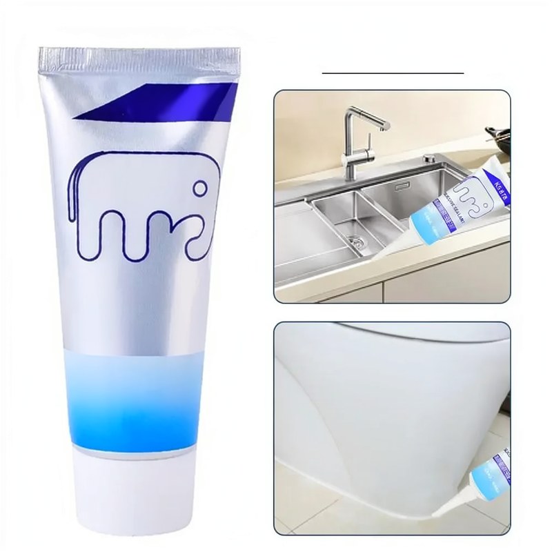 Tube de scellant de réparation de joints carrelés imperméable avec une lueur bleue, montré à côté d'un évier et d'une toilett