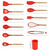Ensemble de 12 Ustensiles de Cuisine en Silicone avec Manches en Bois