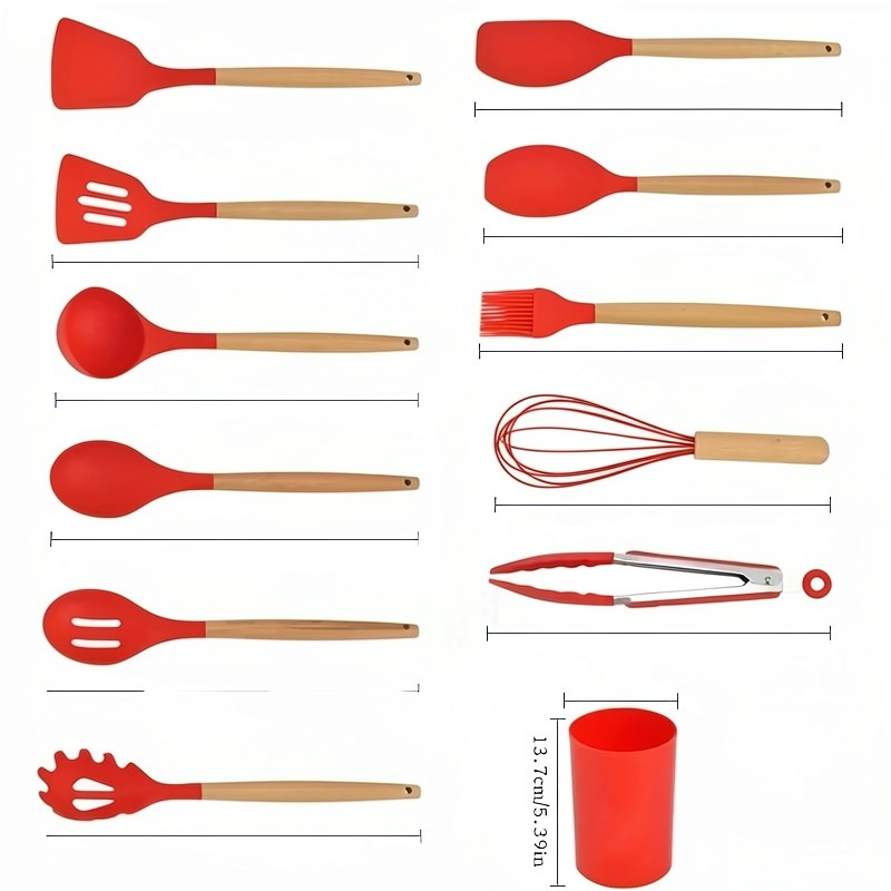 Ensemble de 12 Ustensiles de Cuisine en Silicone avec Manches en Bois