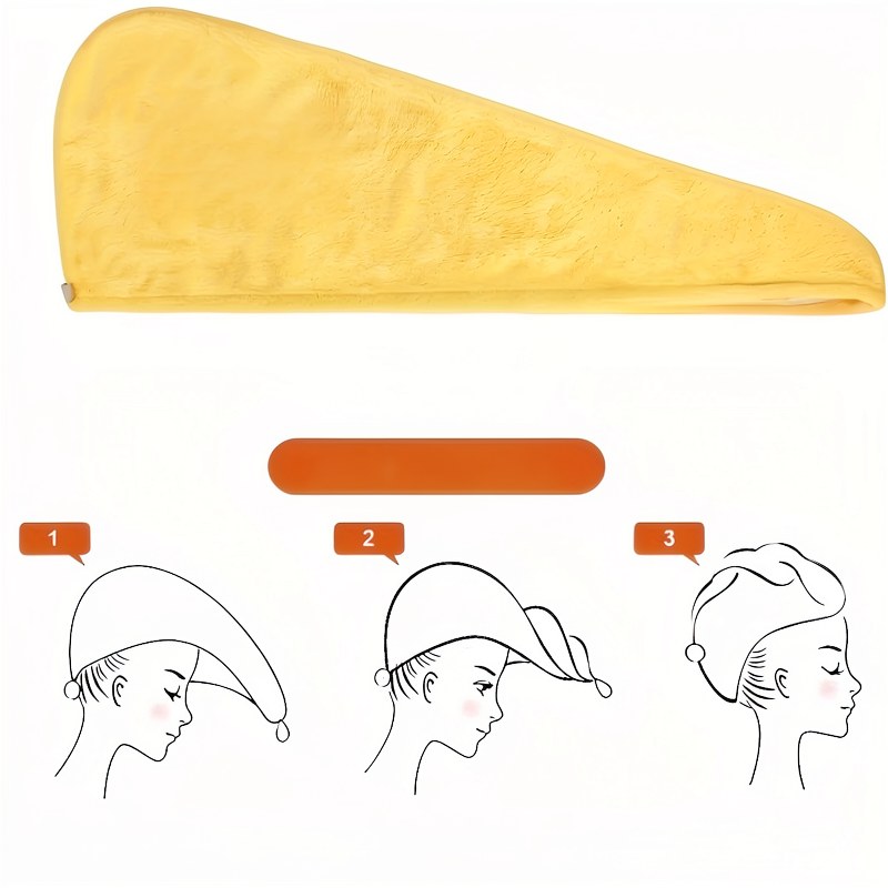 Serviette de cheveux en microfibre jaune montrée dans trois styles d'utilisation.