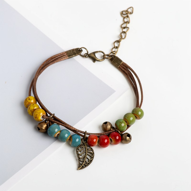 Adjustable Ceramic Bead Bracelet with Leaf Pendant