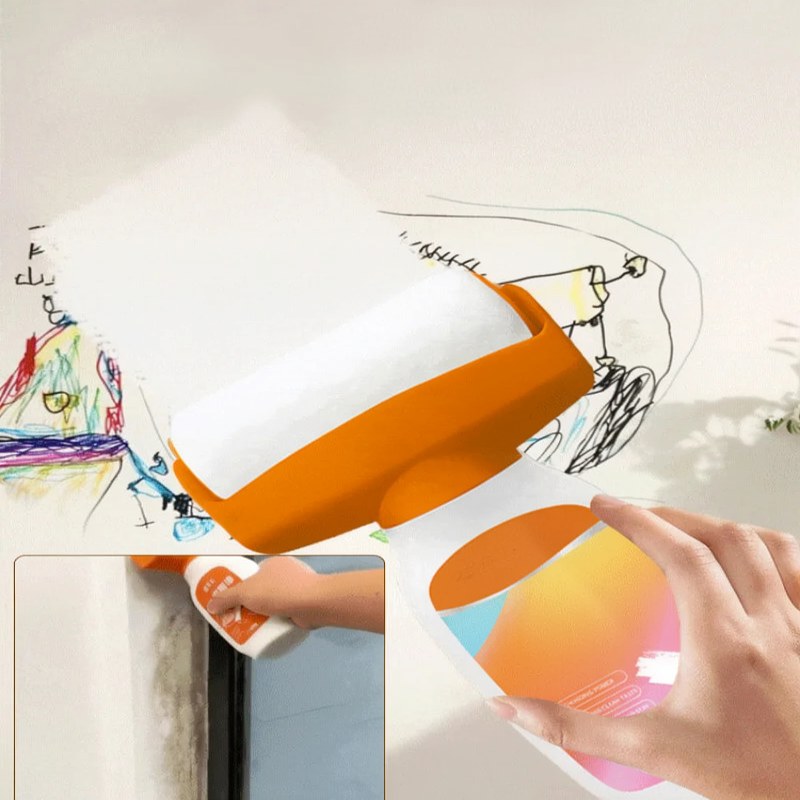 A hand is applying white wall repair paint using a tool with an integrated roller onto a wall.