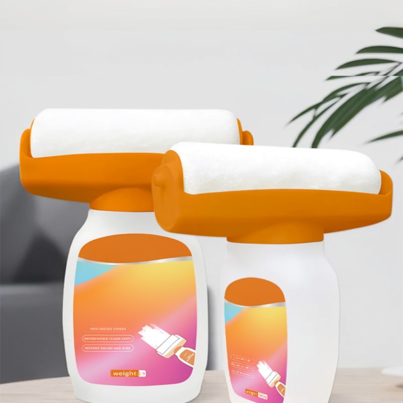 An orange and white wall repair paint bottle with an integrated roller tool shown on a wooden surface.