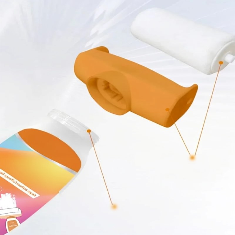 A white wall repair paint tube and an integrated roller are shown against a light background.