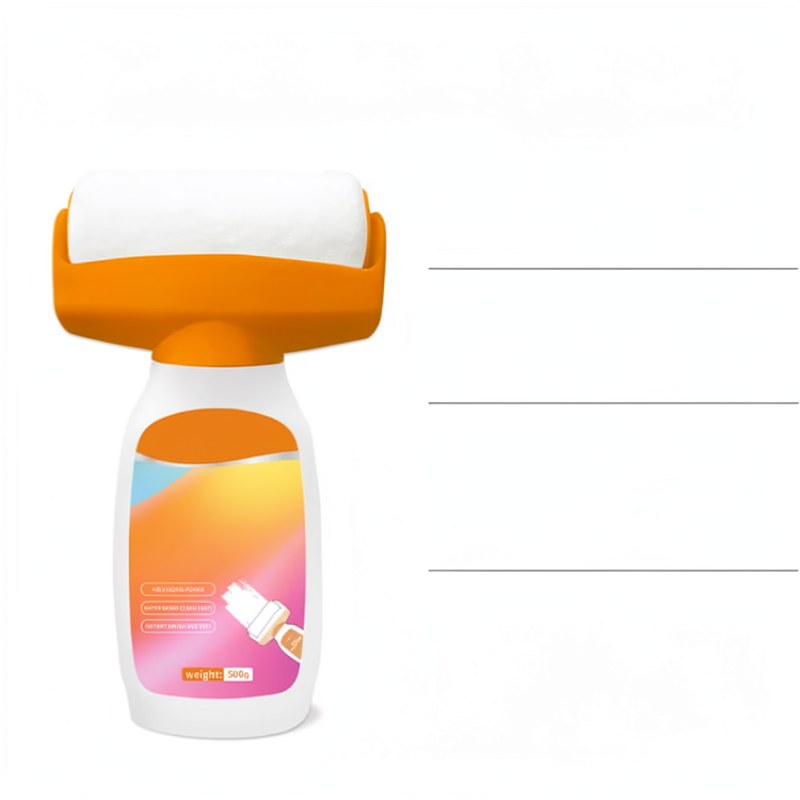 An orange and white wall repair paint dispenser with an integrated roller applicator.