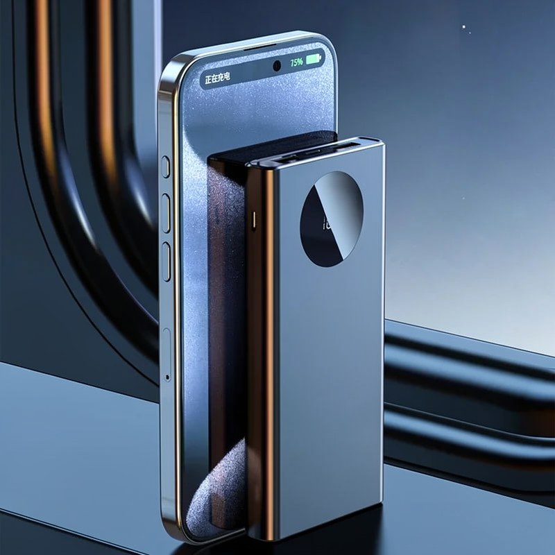 Silberne Powerbank mit digitaler Anzeige neben ihrem Schutzetui.