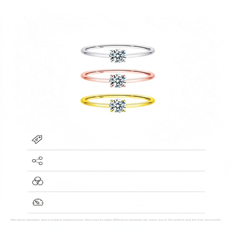 Three rings of varying metal colors and styles featuring a solitaire moissanite stone.