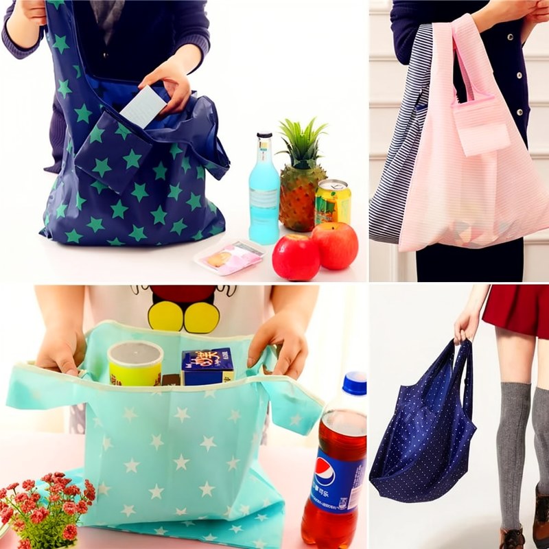 A woman is shown using a compact foldable tote bag for carrying items.