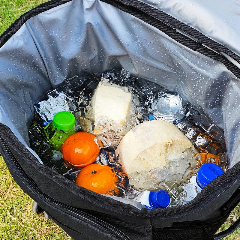 Una bolsa isotérmica negra abierta, mostrando hielo, naranjas y un bloque de queso dentro.