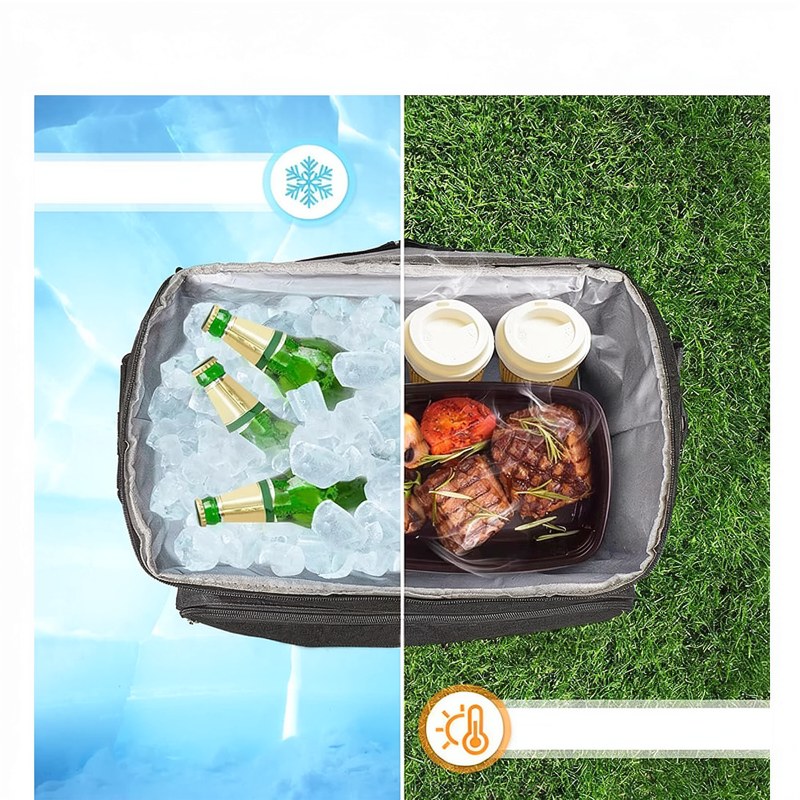 Una bolsa isotérmica de 40L abierta, llena de hielo y varias botellas de líquido verde y carne.