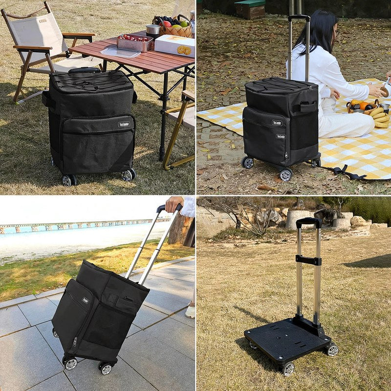 Una bolsa isotérmica negra con ruedas junto a una mesa de madera y varios artículos en un entorno exterior.
