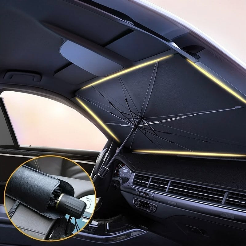 Klappbare Sonnenblende für das Auto, installiert, um die Sonne abzuhalten.