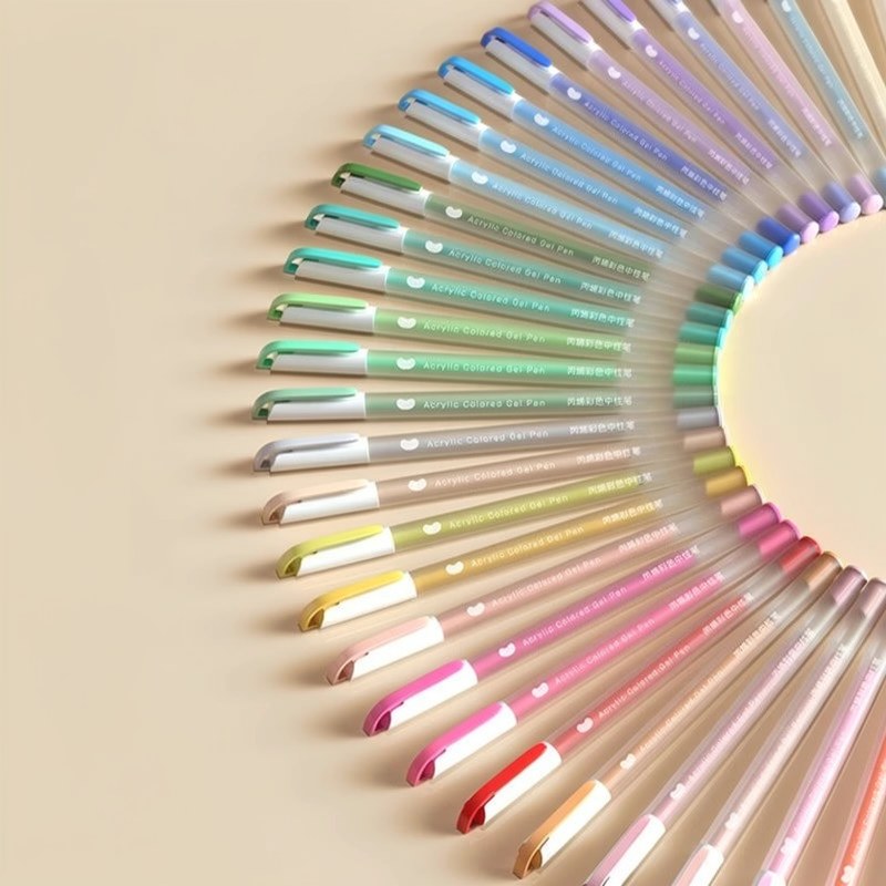 Arreglo de rotuladores de gel acrílicos en varios colores pastel y brillantes.