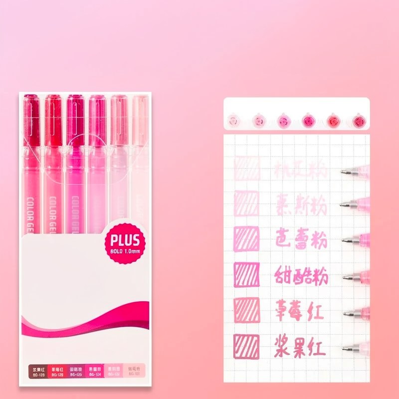 Un set de bolígrafos de gel acrílicos rosa y morado exhibidos en una caja con diseño de cuadrícula mostrando varios colores.