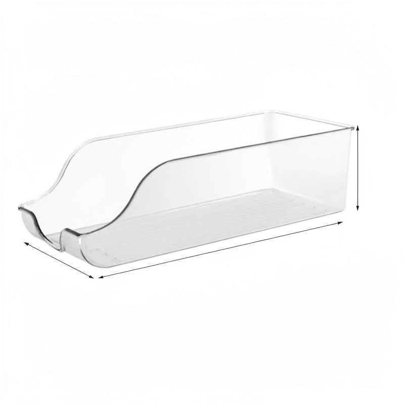 Clear rectangular refrigerator storage bin with a curved lip and a drainage grate.