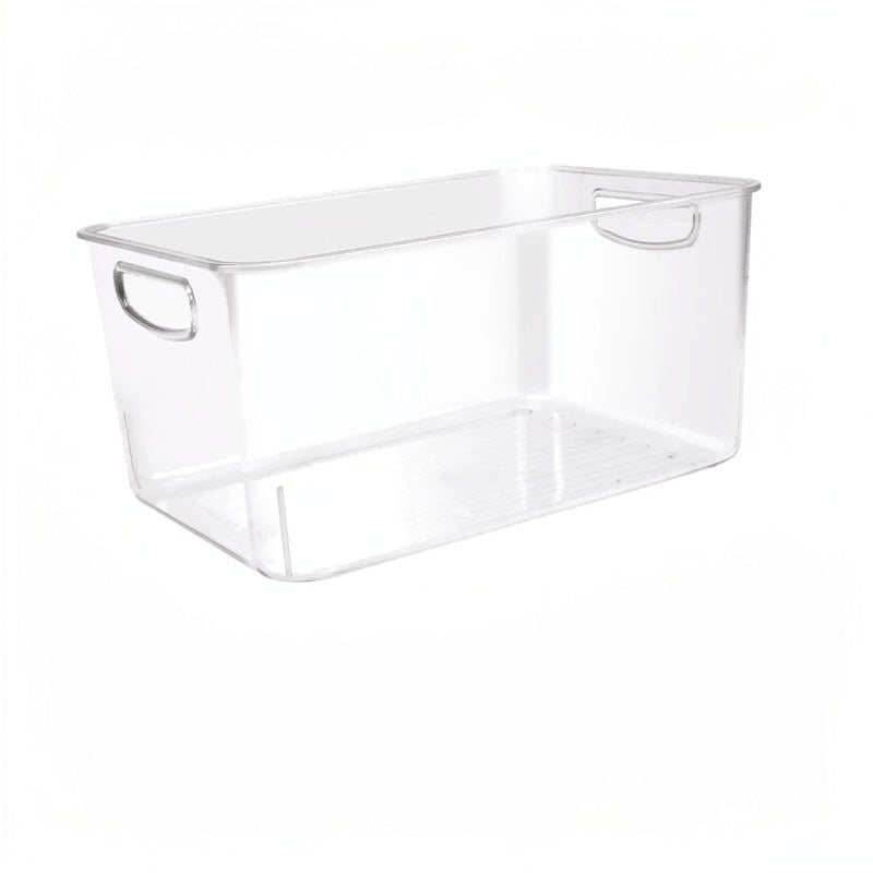 Clear plastic stackable refrigerator storage bin with handles and a drainer tray