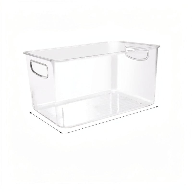 Clear plastic stackable refrigerator storage bin with a handle and drainboard.