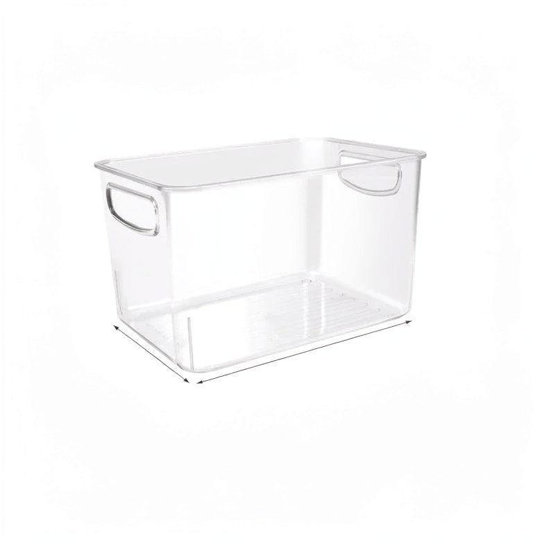 Clear plastic stackable refrigerator storage bin with handles and a drain tray
