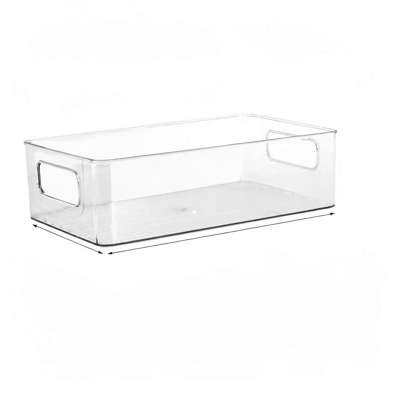 Clear rectangular plastic storage bin for refrigerator organization