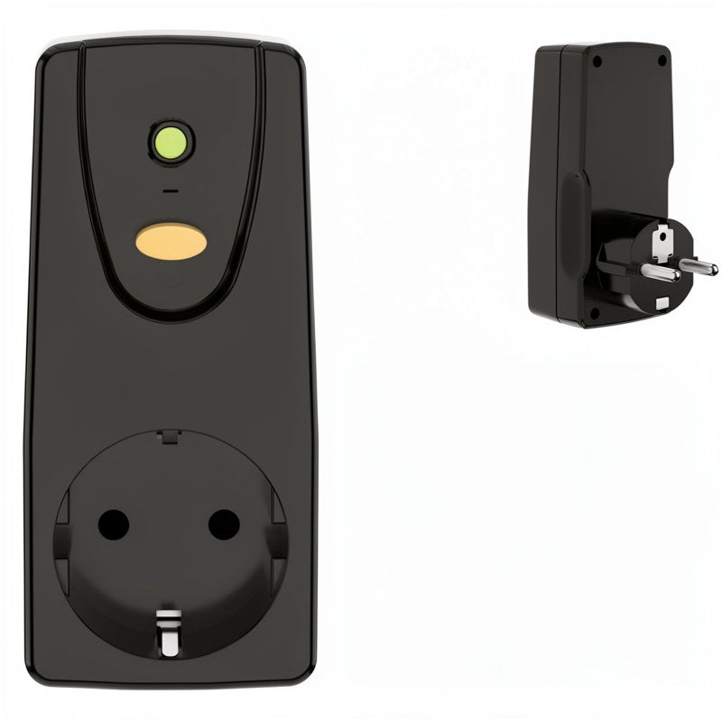 Prise de protection RCD EU 16A noire avec connexion électrique visible.