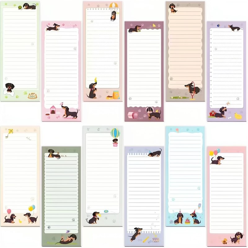 A collection of various magnetic dachshund themed to-do list notepads in pastel colors and designs.