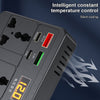 Close-up of a black power inverter with multiple ports and a digital temperature display showing 12.0 degrees.