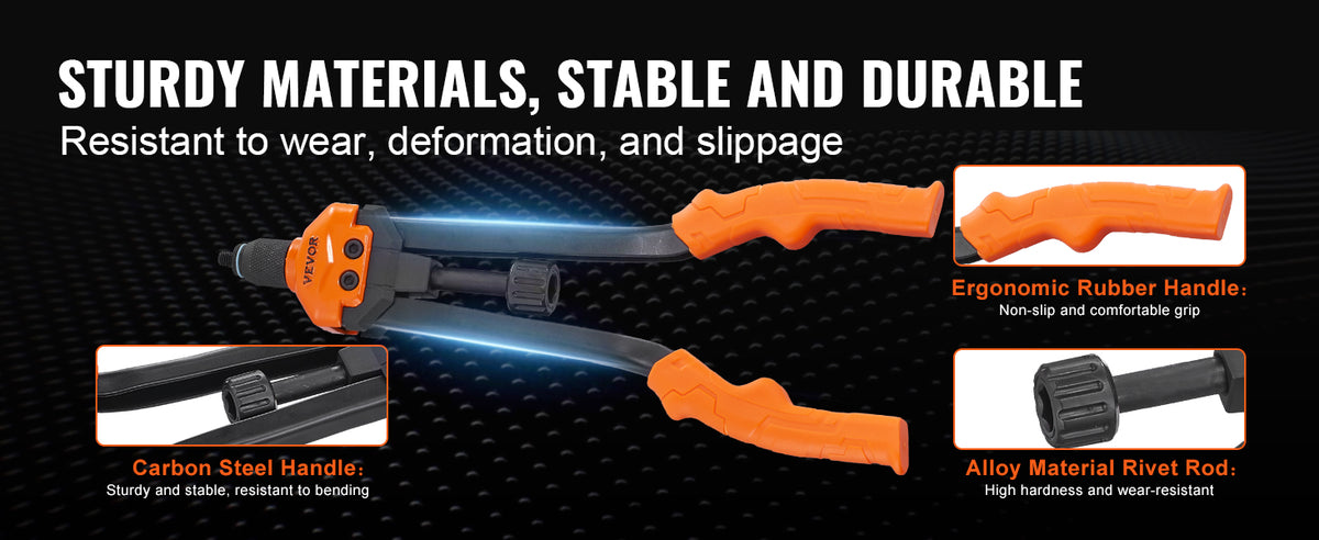 Orange and black tool kit featuring a carbon steel handle, an alloy material rivet rod, and an ergonomic rubber handle.