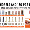 A set of 13 mandrels and 186 rivet nuts with various sizes, shown alongside a tool for easy replacement.