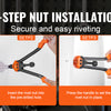 Four steps showing how to use a nut installation tool kit for secure riveting.