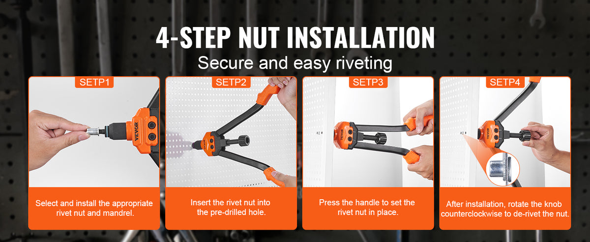 Four steps showing how to use a nut installation tool kit for secure riveting.