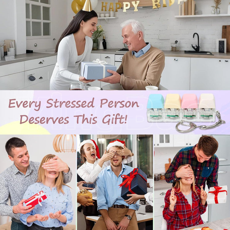 A person is shown receiving a gift box in a kitchen setting, with other images showing people enjoying fidget toys.