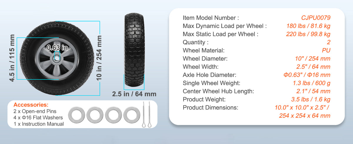 10" Solid PU Run-Flat Wheels with Metal Hub (2-Pack)