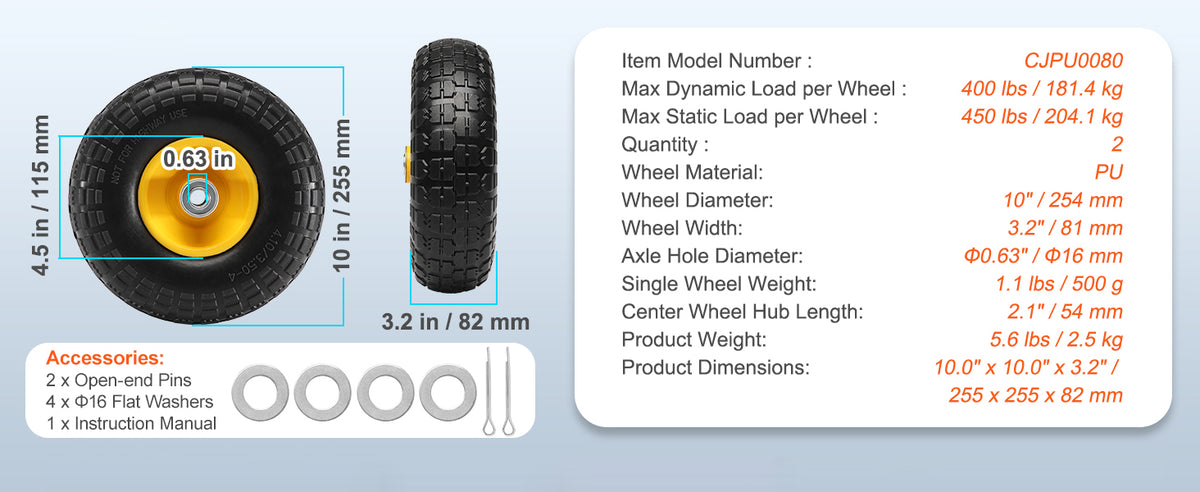 10" Solid PU Run-Flat Wheels with Metal Hub (2-Pack)