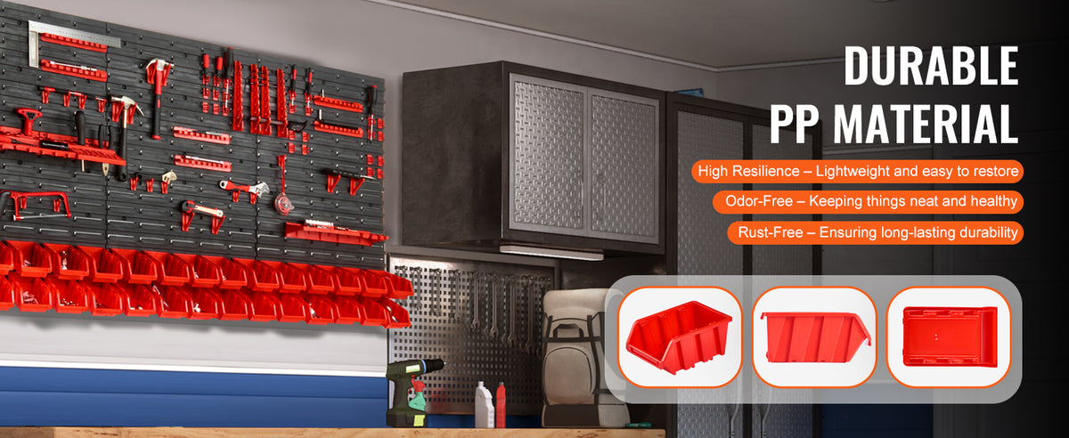 Wall-mounted red storage bins and tools organized on a dark gray wall panel.