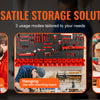 Versatile storage solution showing flat placement, hanging, and stackable modes for parts organization.