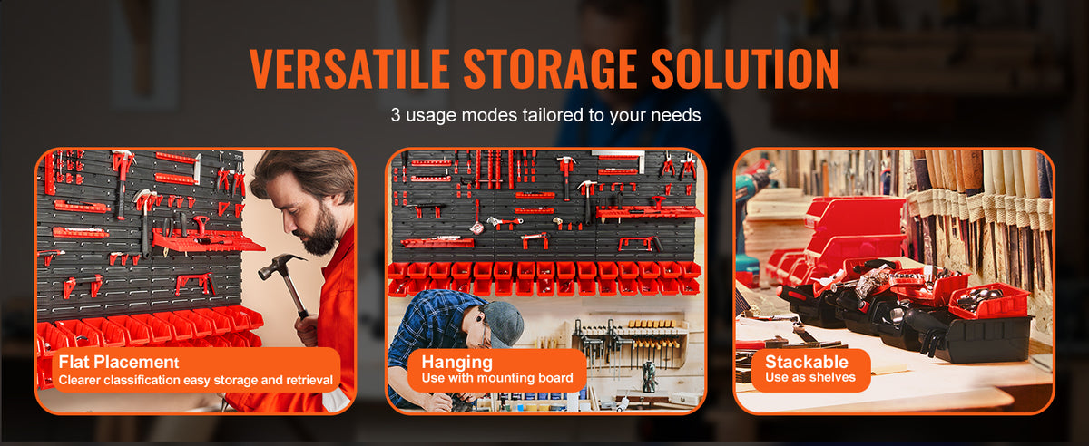 Versatile storage solution showing flat placement, hanging, and stackable modes for parts organization.