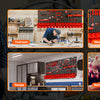 A collage showing various uses of wall-mounted storage bins and stackable parts organizers in a toolroom, workshop, garage, a