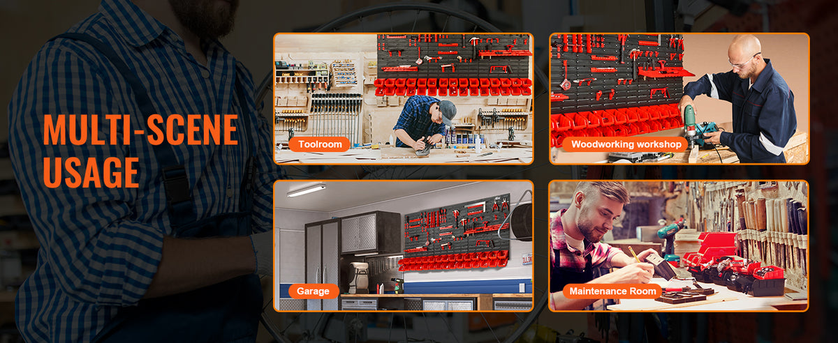 A collage showing various uses of wall-mounted storage bins and stackable parts organizers in a toolroom, workshop, garage, a
