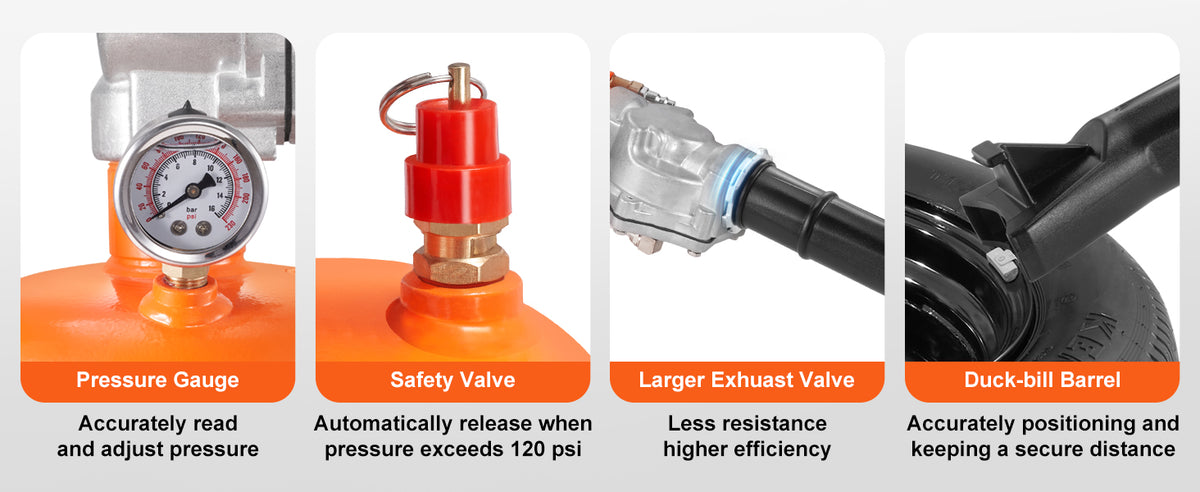 A set of tools including a pressure gauge, safety valve, exhaust valve, and duck-bill barrel for tire bead seating.
