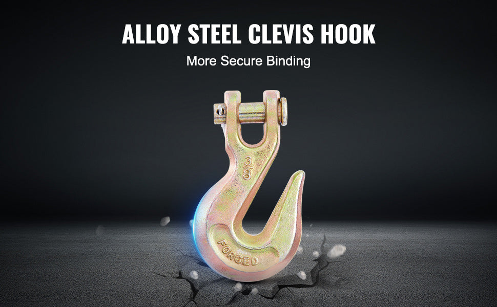 A close-up view of an alloy steel clevis hook, showing its forged texture and bright pinkish color against a dark background.