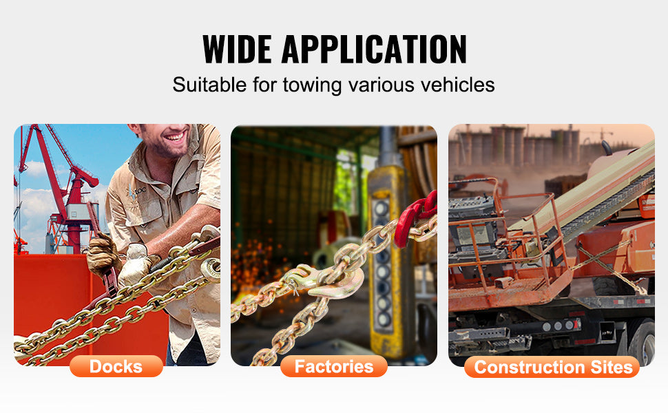 Heavy-duty transport binder chains with clevis hooks shown in various applications including docks, factories, and constructi