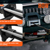 A four-step guide showing how to secure a winch cable to a winch, featuring a heavy-duty synthetic rope and forged hook.