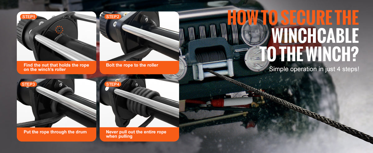 A four-step guide showing how to secure a winch cable to a winch, featuring a heavy-duty synthetic rope and forged hook.